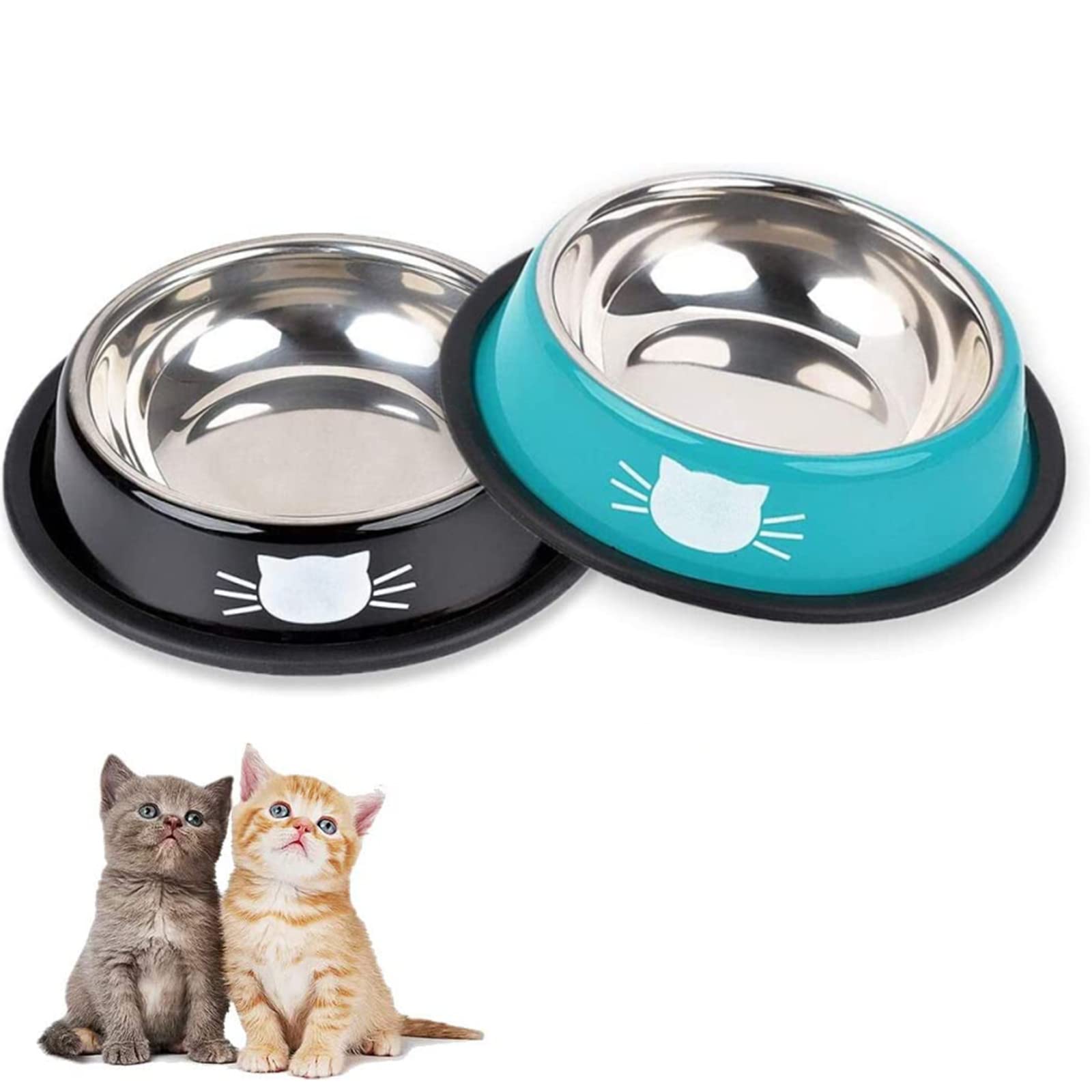 DOMI PRO Cat Bowls 2pc Gray & Black Non-Slip Stainless Steel Cat Bowl Cat Water Bowl Cat Food Bowl Cat Bowls for Kitten (Blue+Black)