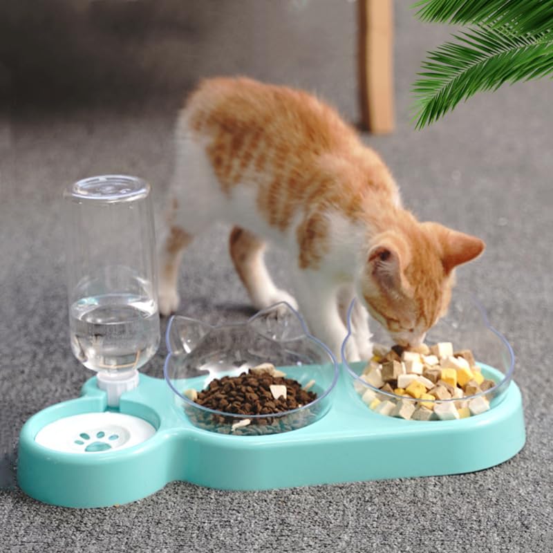 3-in-1 Katzen Futternapf Set, Doppelnapf mit Wasserspender, Futternapf Futterschüssel für Katzen und Kleine Hunde(Grauer Boden, transparente Schale)