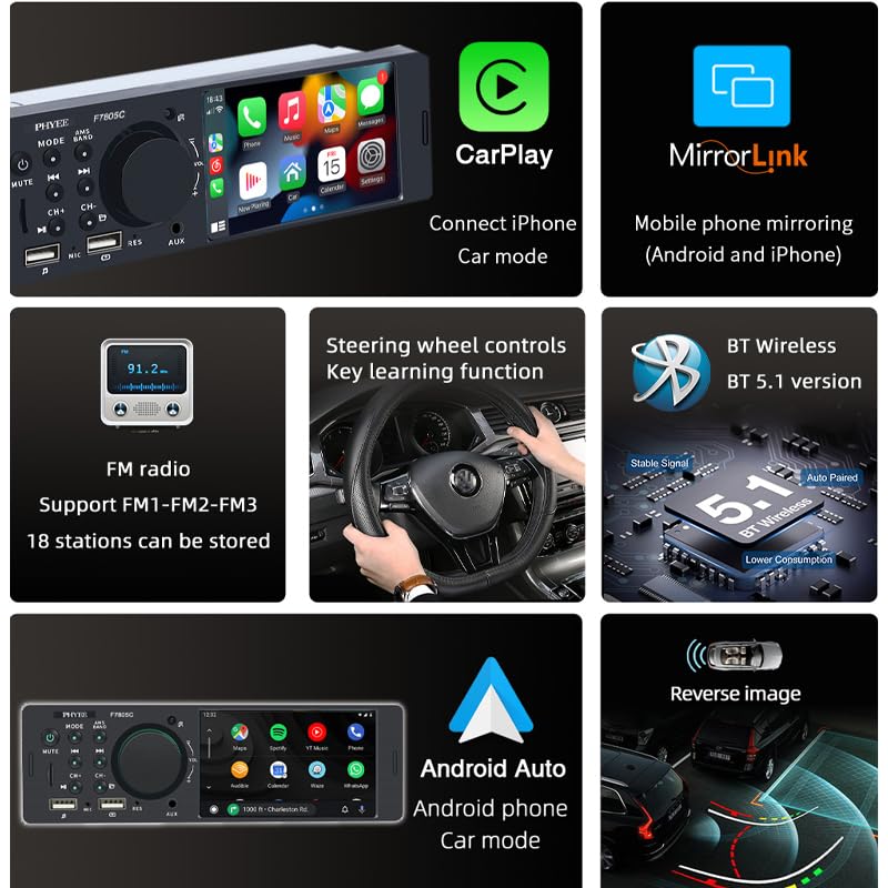 1 Din 4" CarPlay Car Radio, Bluetooth, Auto, MP5 Player, Handfree A2DP, USB TF Aux Stereo, Multimedia Head Unit F7805C