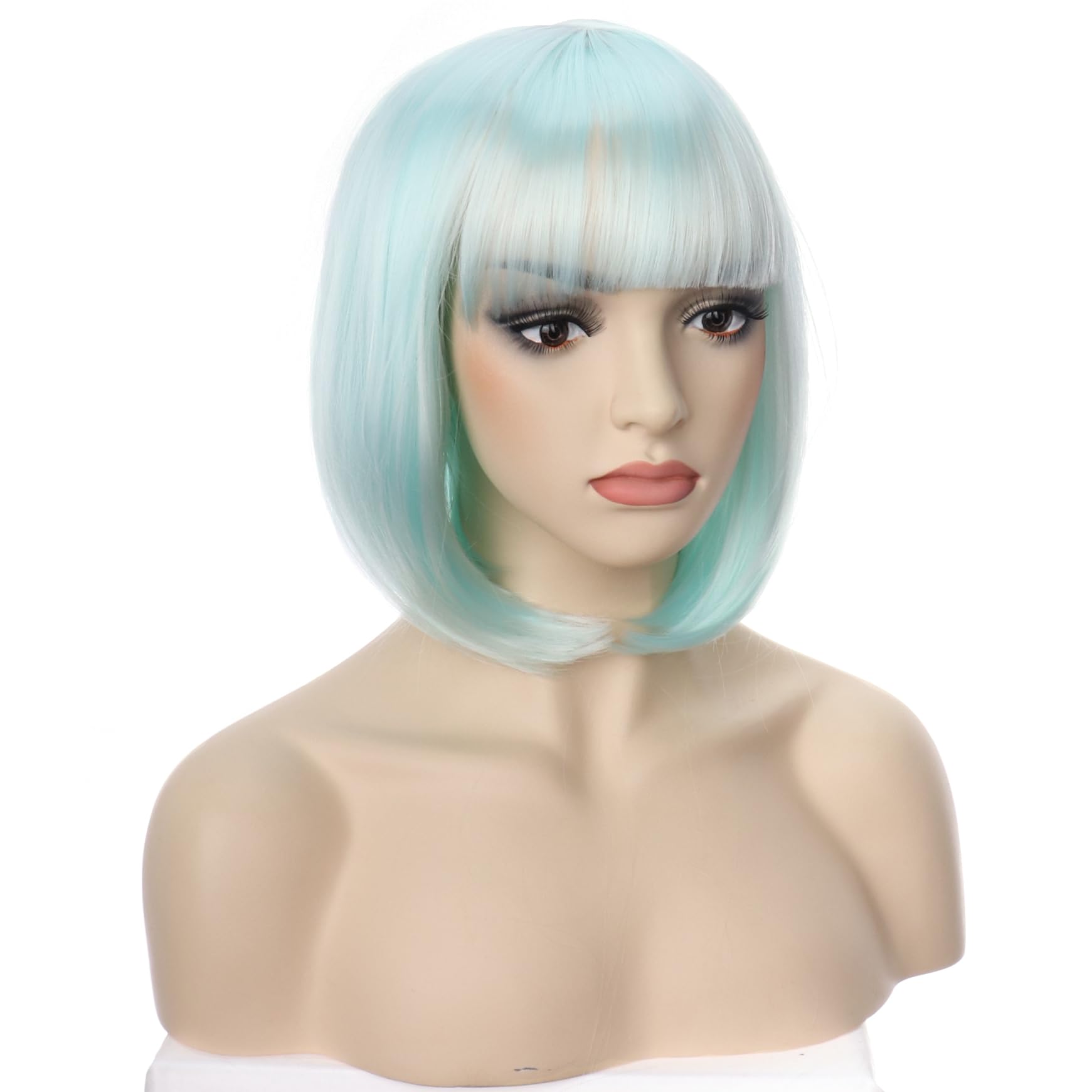 PORSMEER Short Light Green Bob Wigs with Fringe For Unisex Womens Natural Synthetic Hair Colorful Costume Cosplay Wig for Anime Halloween Fancy Dress Party+Wig Cap - Image 3