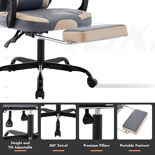 Miniatura 4 de Beige Gaming Chair Ergonomic Computer Chair with Footrest  Lumbar Support, Height Adjustable Game Chairs with 360-Swivel Seat and Headrest for