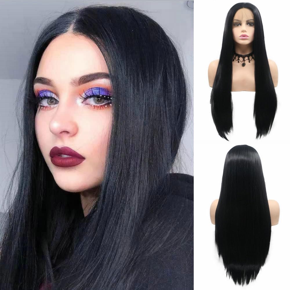 13x3" Pre Plucked Long Straight Colorful Wigs for Women Natural Looking Heat Resistant Fiber Synthetic Lace Front Wigs for Replacement/Party/Cosplay/Costume/Daily Use (Black 1B)