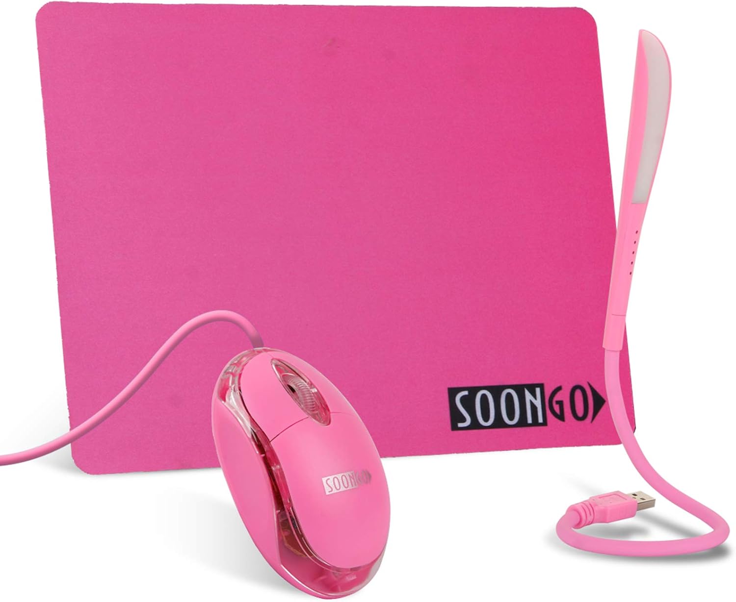 Alfombrilla de ratón con luz LED para ratón óptico, Juego de Regalo 3 en 1, Interruptor de Ajuste Flexible de Cuello de Cisne con luz de Lectura USB, Adecuado para Ordenador, PC, portátil Rosa