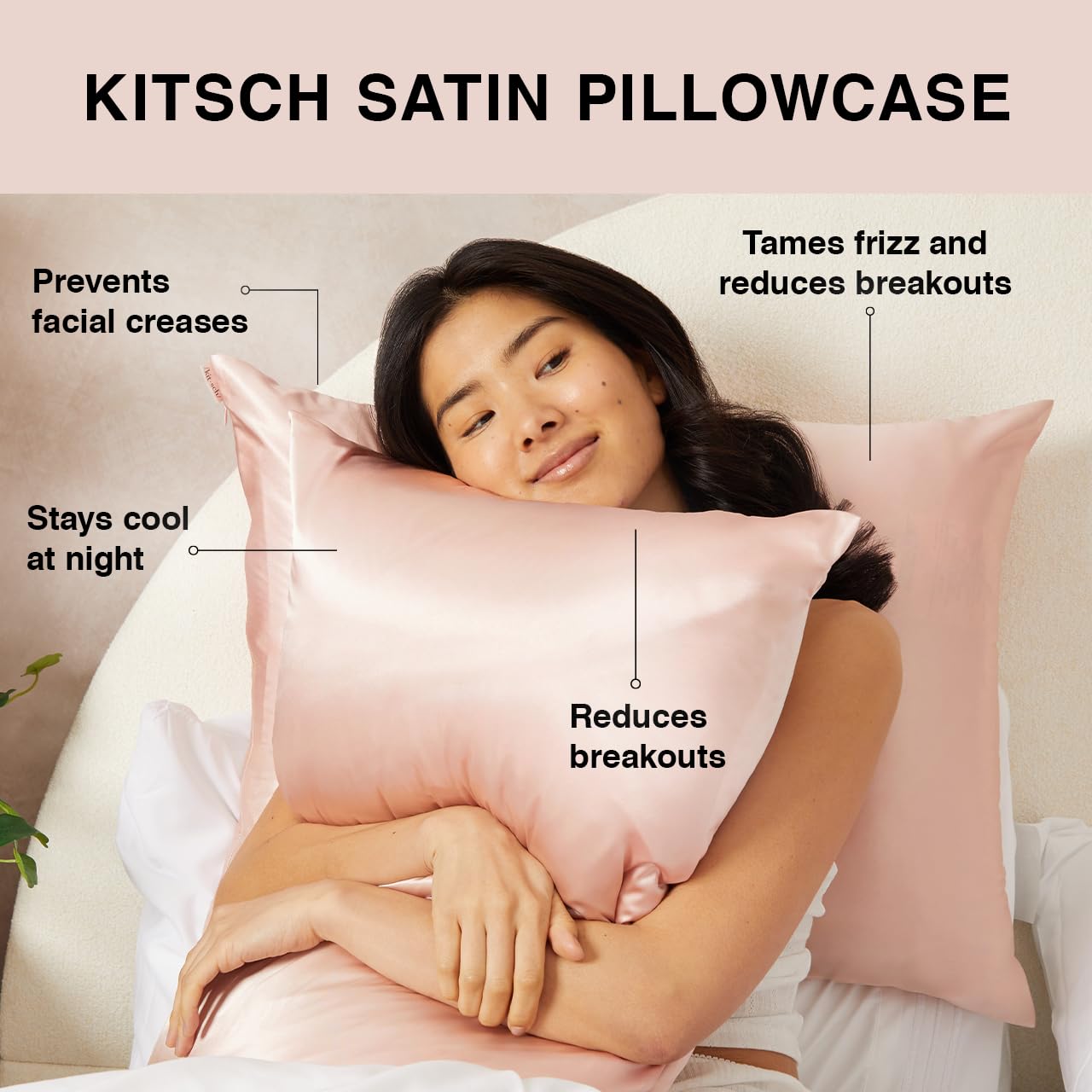 Kitsch Satin Pillowcase with Zipper for Hair & Skin - Softer Than Silk Pillow Cases, Smooth Cooling Satin Pillow Case, Wrinkle-Free, Machine Washable - Pillow Cases Standard Size (19x26) - Blush: Standard/Queen (2 Pack) Holiday Blush