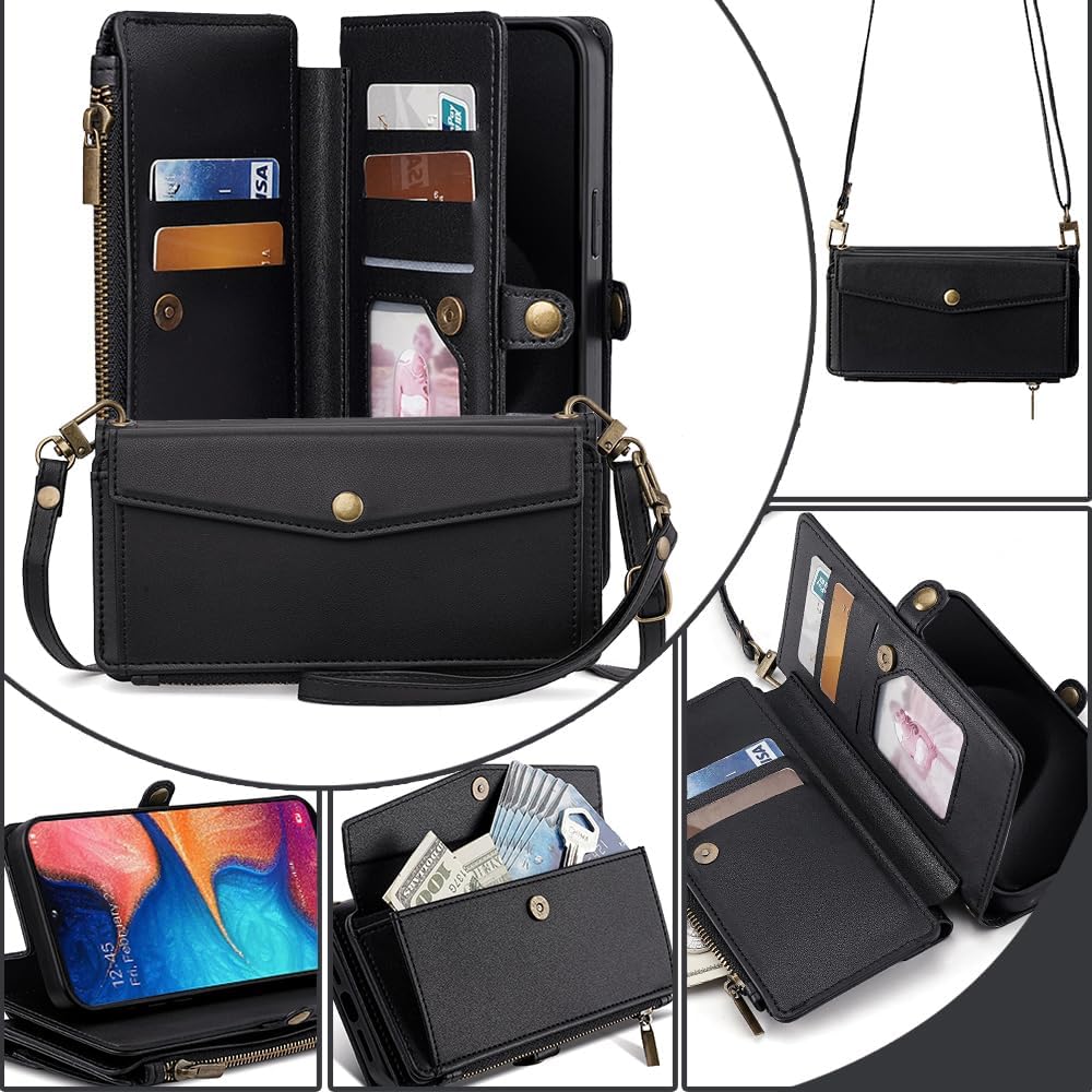 Asuwish Phone Case for Samsung Galaxy A20 A30 Zipper Wallet Cover with Screen Protector and Leather Card Holder Slot Stand Wrist Strap Cell Accessories Mobile Flip M10s A 30 20A A205G Women Men Black