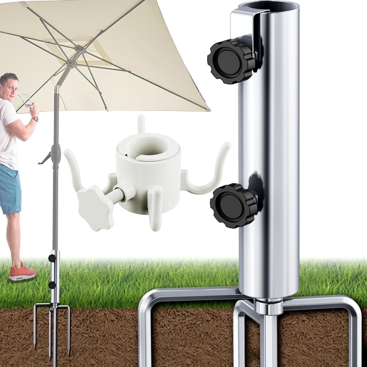 DBPBToU Sonnenschirmständer XL Ø43mm mit Strandschirm Hängehake - Schirmständer mit 4 Heringen, Abnehmbar Einstellbar Robuster Bodenanker fur Sonnenschirm aus Metall, Sonnenschirmhalter Schwermetall