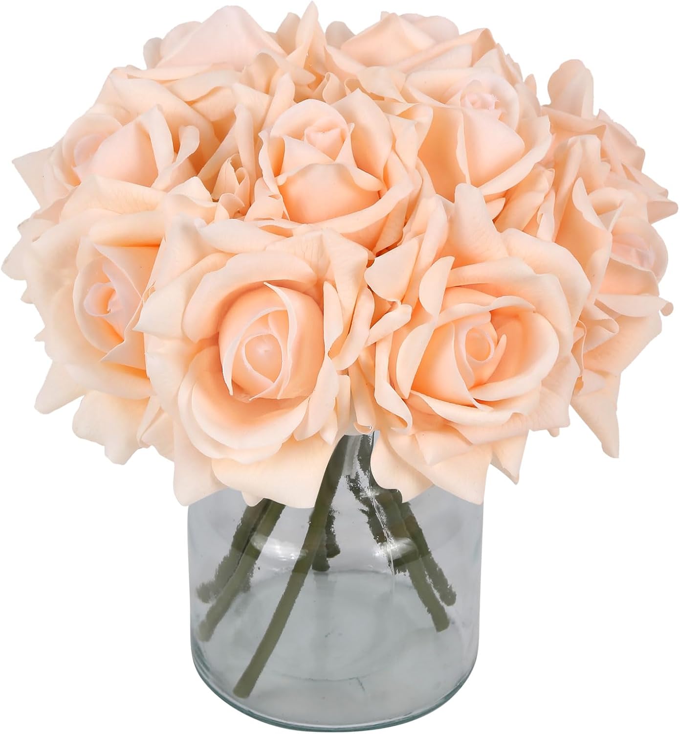 IPOPU 2 Bouquets Real Touch Roses Artificial Flowers 10PCS Champagne Flowers Fake Roses with Stems for Wedding Party Home Table Centerpieces Decoration(Champagne)