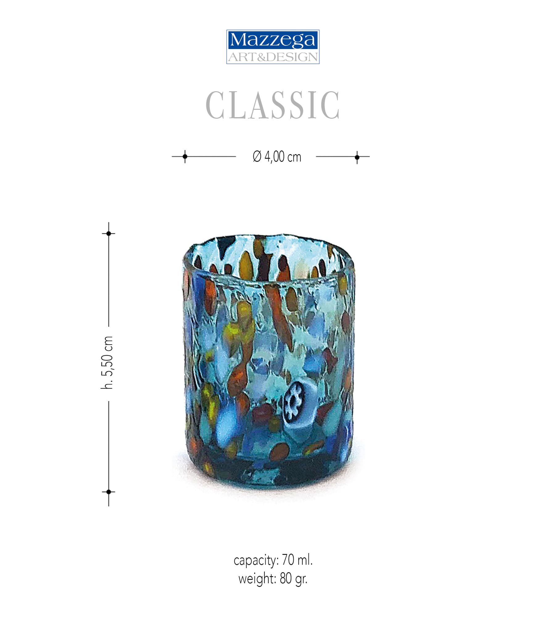 MAZZEGA ART & DESIGN - 6 szklanek do szotów ze szkła dmuchanego i ręcznie robionego Murrine di Murano Line 75 ml Made in Italy (ZZURRO, 6)