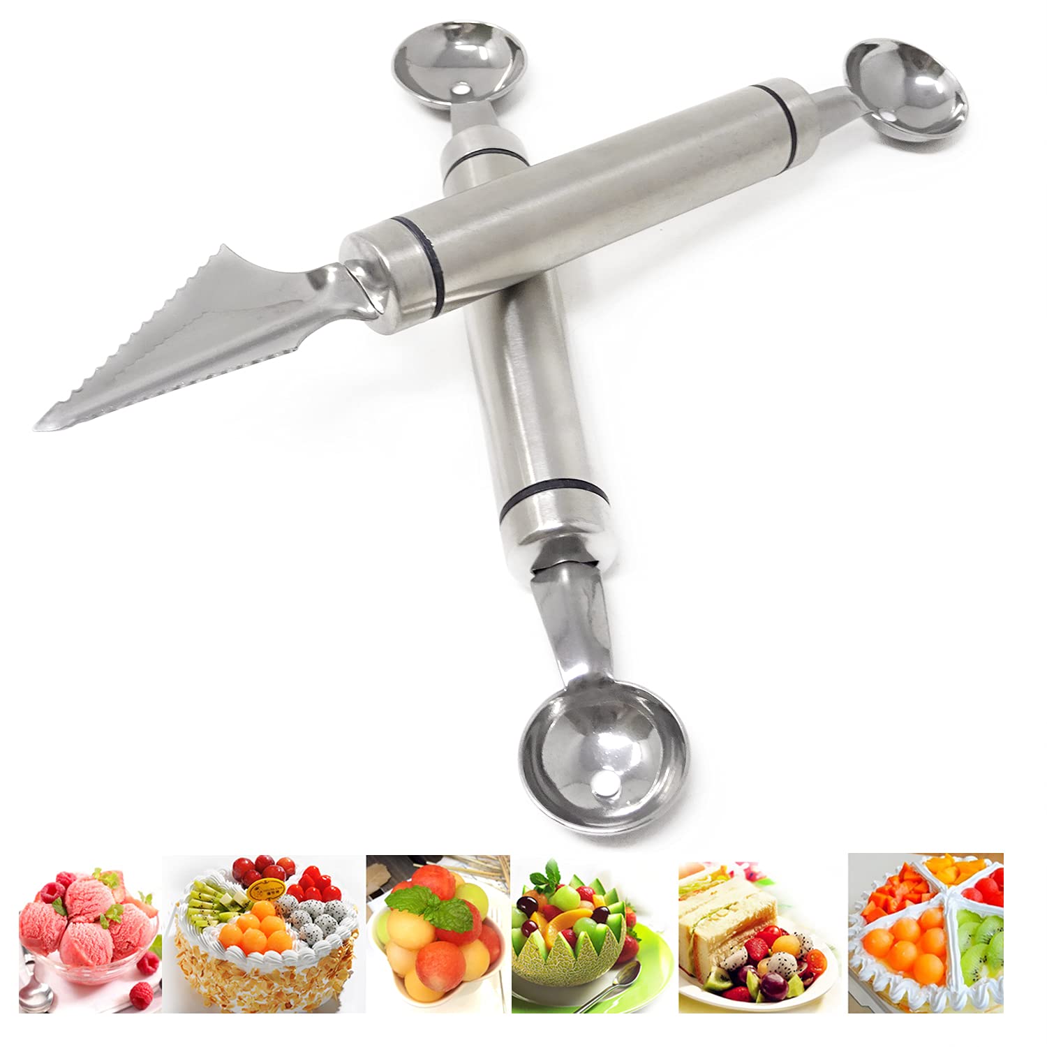Honbay 2PCS Stainless Steel Double-Headed Melon Baller Scoop Fruit Carving Knife Dual-Purpose Cooking Spoon Kitchen Tools for Watermelon Cantaloupe Ice Cream Sorbet Dessert - Image 4