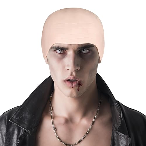 Miniatura 11 de Gorra calva de Halloween, calvas para adultos, mujeres y hombres, maquillaje calvo peluca accesorio para disfraz, Tez