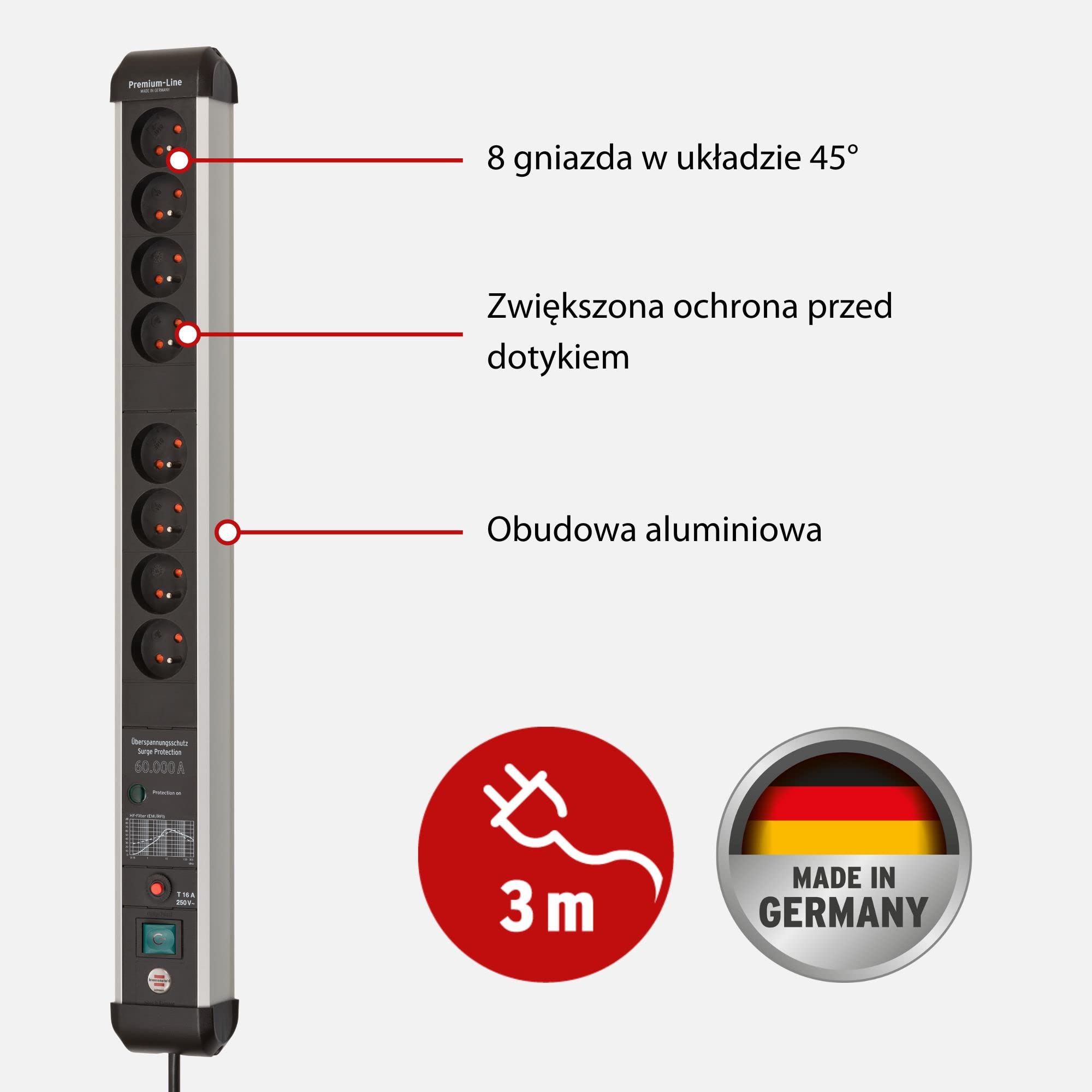 Brennenstuhl Premium-Protect-Line Steckdosenleiste 8-Fach, 3m | Mit Überspannungsschutz 60.000 A, mit Schalter, Made in Germany, silber/schwarz