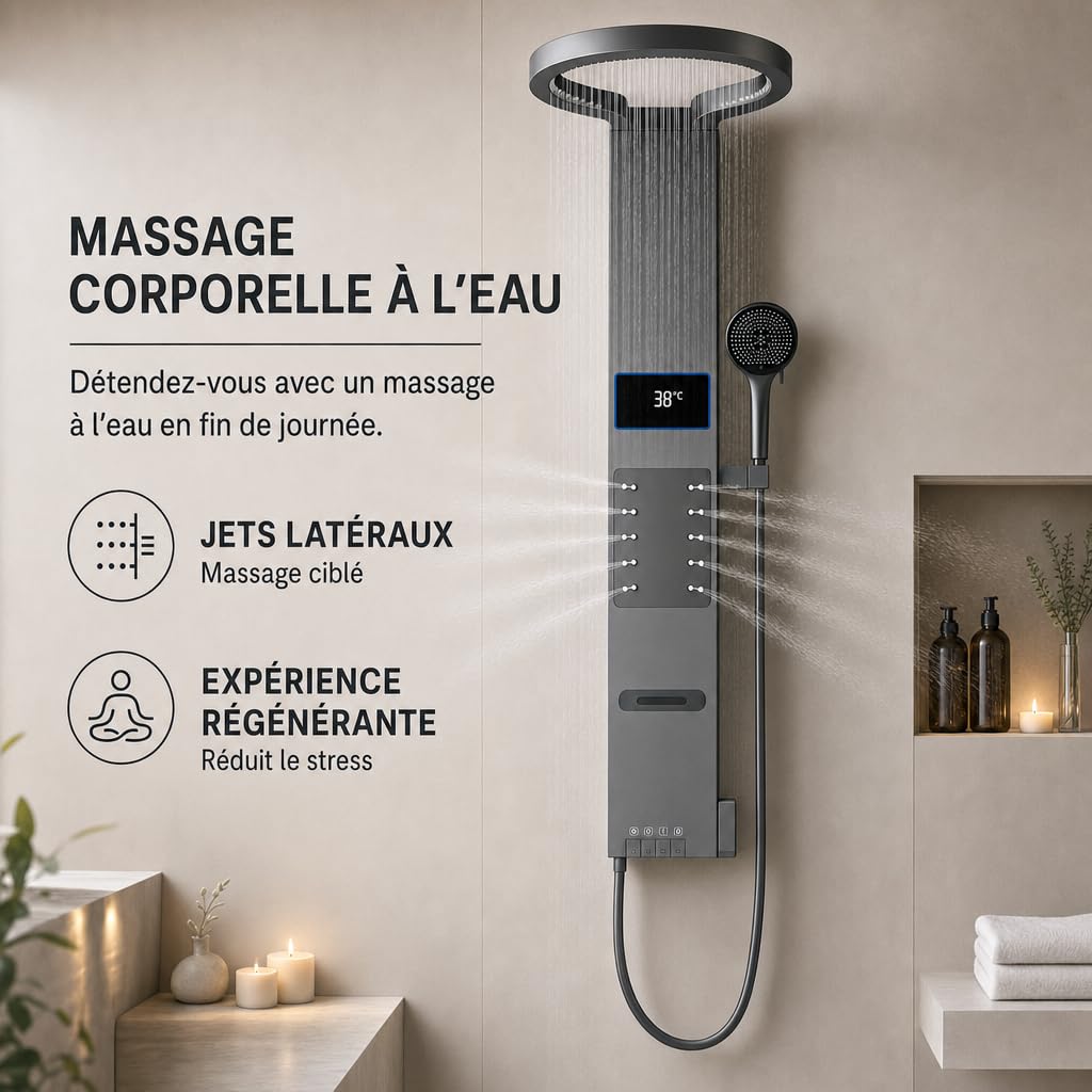 INEX EUROPA Panneau de douche thermostatique gris titane de luxe - Colonne de hydromassage avec garantie de 10 ans et 4 modes de fonctionnement - Colonne de douche de 105 cm de haut Collection Daytona