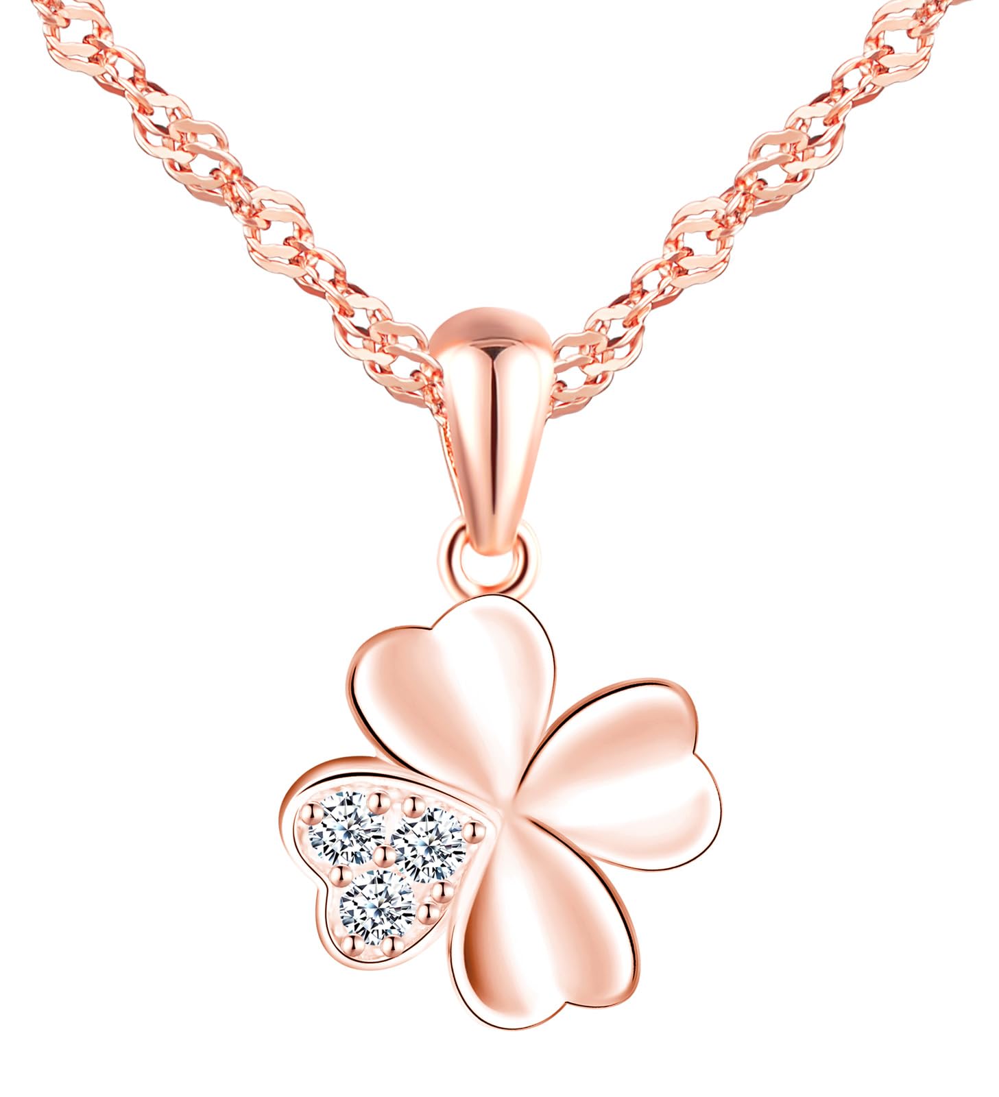 feilok Halskette Damen Kette mit Roségold Kleeblatt Zirkonia Vierblättriges Glücksbringer Anhänger aus 925 Sterling silber Halskette für Frauen