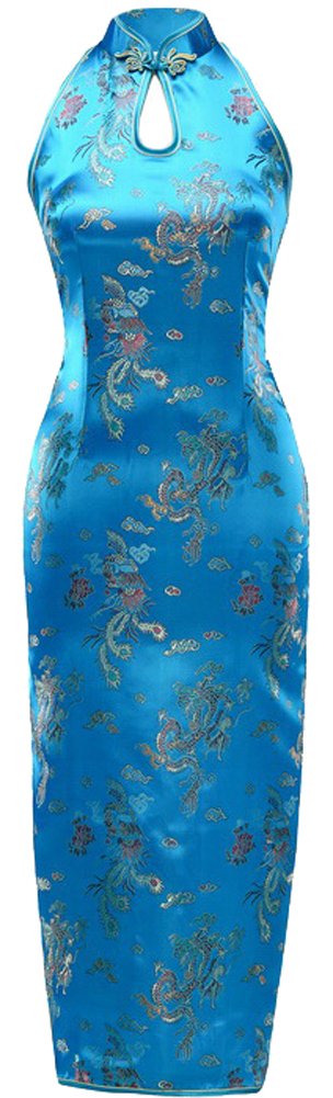 7FairyWomen's Turquoise Dragon Halter Backless Long Chinese Dress