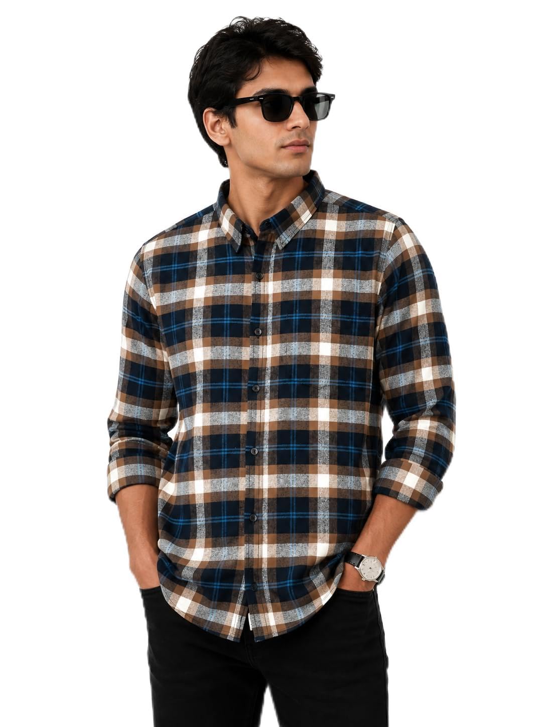 Men's Slim Fit Tartan Checked Cotton Casual Shirt, Full Sleeves-image-43