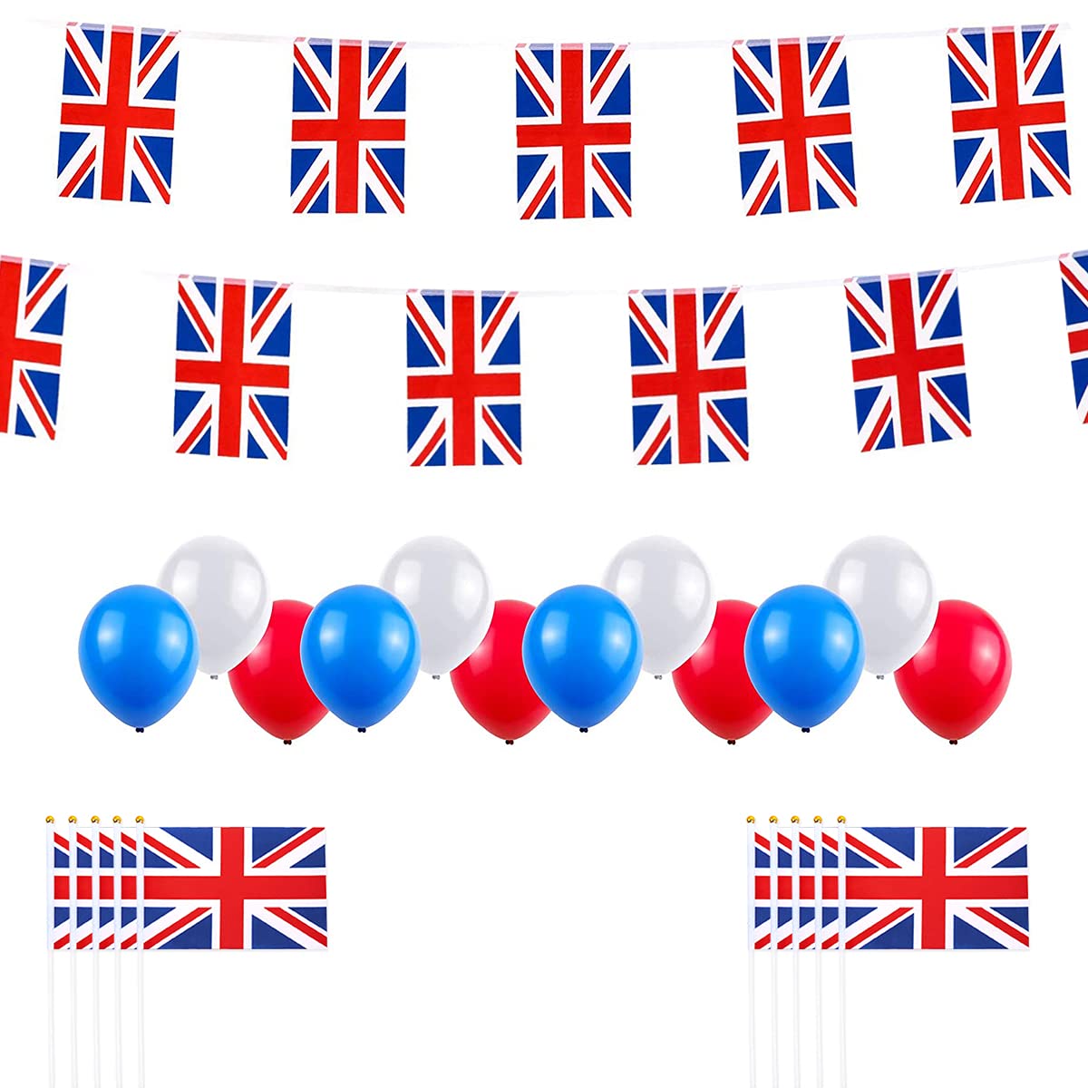 AhfuLife Union Jack Flags Set for VJ Day 80th Anniversary, 30pcs British Banners 10m Bunting, 10pcs Union Jack Handheld Flags and 30pcs Red White Blue Balloons for Memorabilia Flag 80 Years Victory