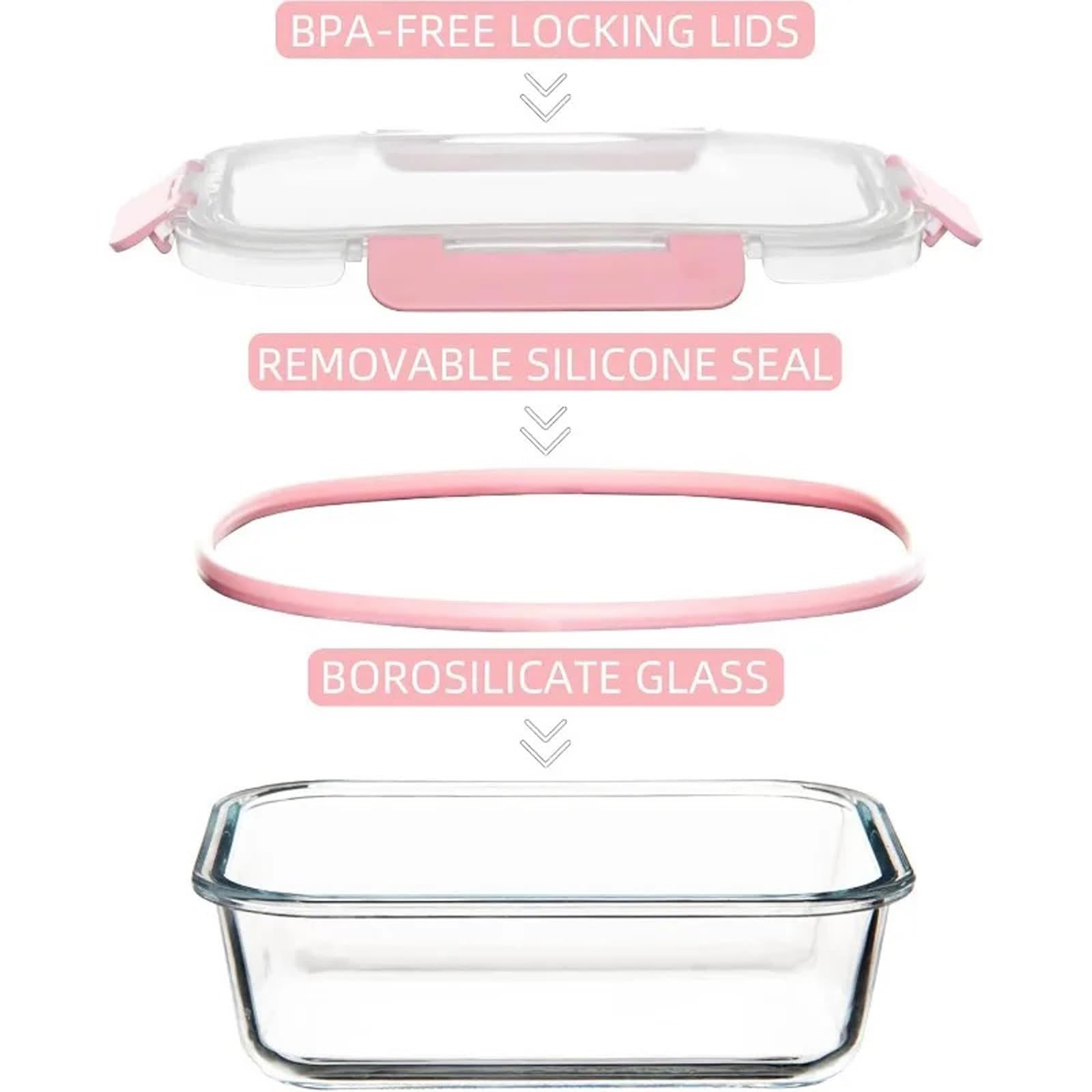 Glasbehälter mit Deckel, auslaufsicher, spülmaschinenfest, mikrowellengeeignet, gefriergeeignet, ideal für Mahlzeiten, Lebensmittelaufbewahrung, Pink, 12 Stück