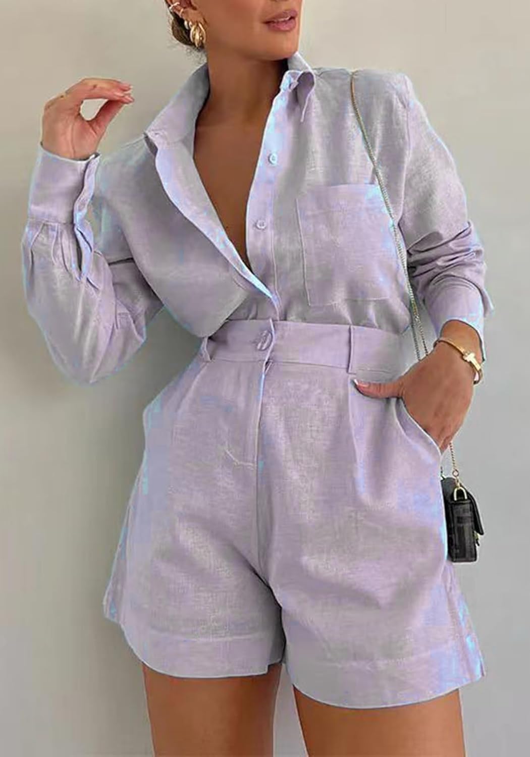 Unybwonn Shorts Sets Women 2 Piece Outfits Casual Long Sleeve Button down Blouses Shirts Tops High Waisted Shorts Set - Image 2