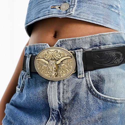 Image of SANSTHS Western Cowboy Belts for Men Women, Mens Western Belt Bull Buckle Country Belt Cowboy Leather Belt for Jeans