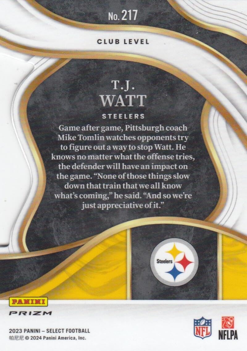 Football Trading Card 2023 Panini Select Zebra Prizm Die-Cut #217 T.J. Watt Club Level EX++ Excellent++ Steelers
