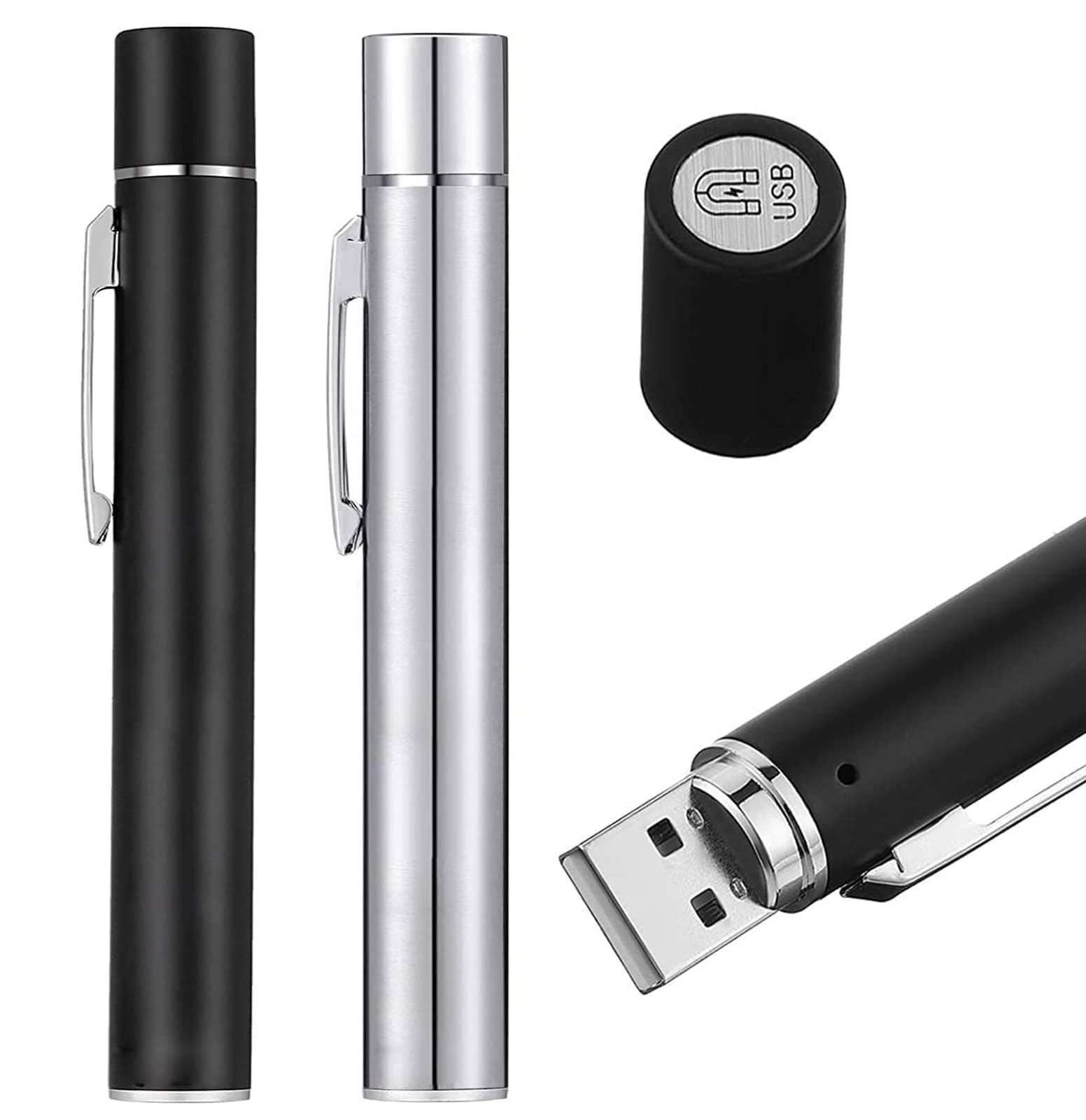 Khazna Pen Torch Reusable, 2 PCS Diagnostic Medical Penlight USB Rechargeable LED Pen Ligh for Nurses Students Doctors, Mini Flashlight with 2 LED Sources, Magnetic Cap, Pocket Clip