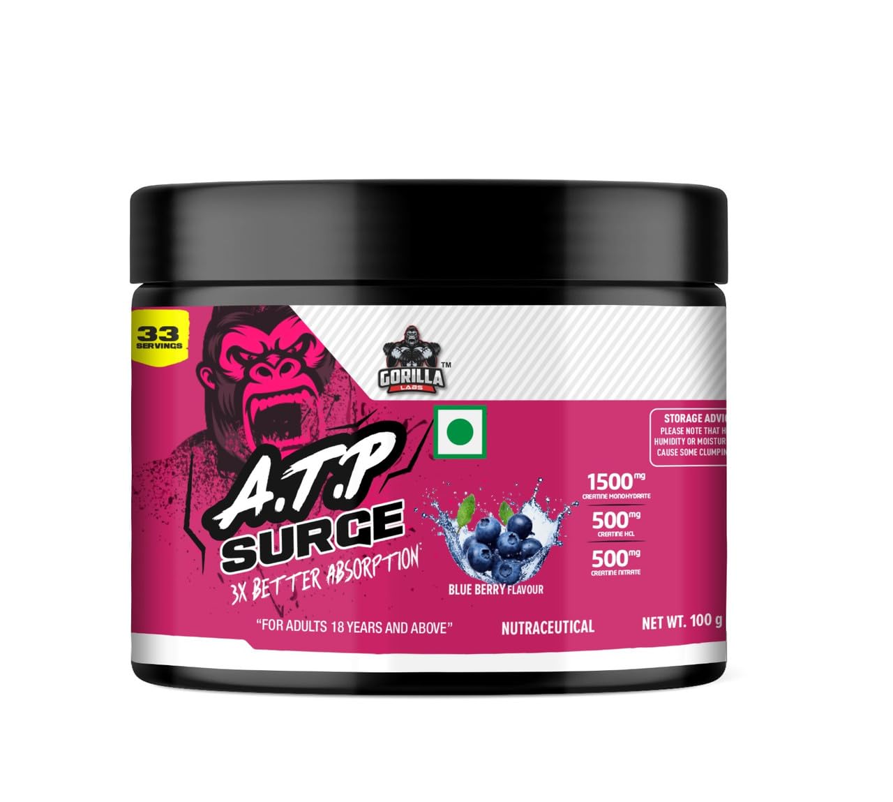 Gorilla ATP Powder | Blueberry Flavored Pre Workout And Daily Routine Drink Mix | Creatine Monohydrate Beta Alanine Caffeine Vitamin B Blend | Mixable Nutrition Powder | 100 Gm-image-25