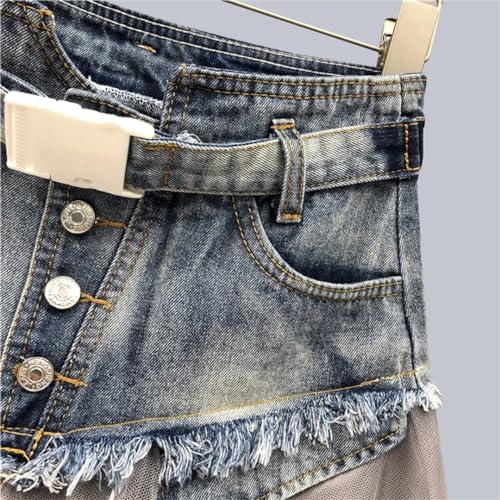 Women Denim Mesh Patchwork Lace Skirt High Waist A Line Asymmetric Frill Tulle Gothic Skirts4