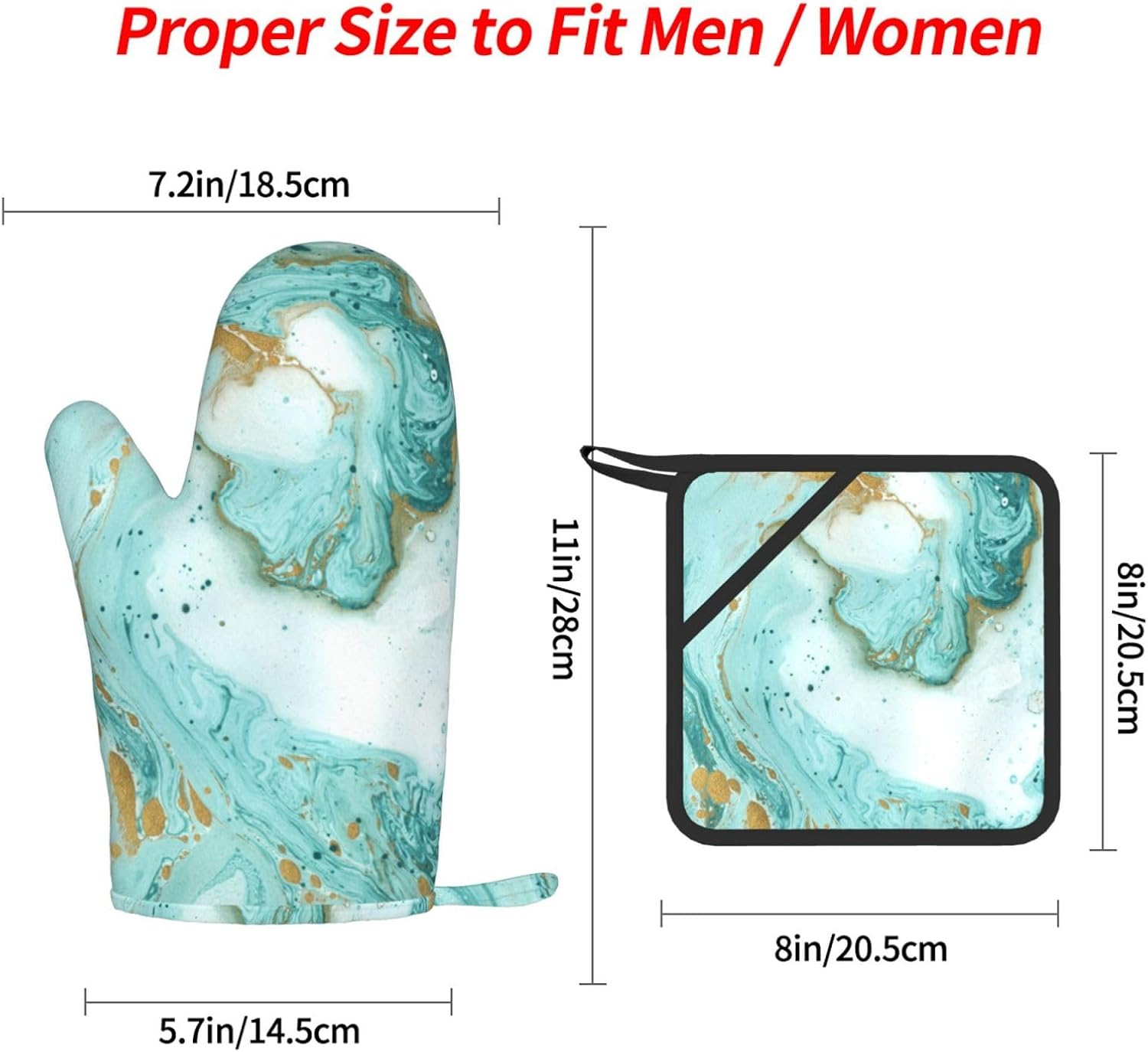 Teal and Gold Marble Oven Mitts and Pot Holders Set of 4 Heat Resistant Kitchen Gloves with Silicone Palm Hot Pads for Baking Cooking Grilling BBQ