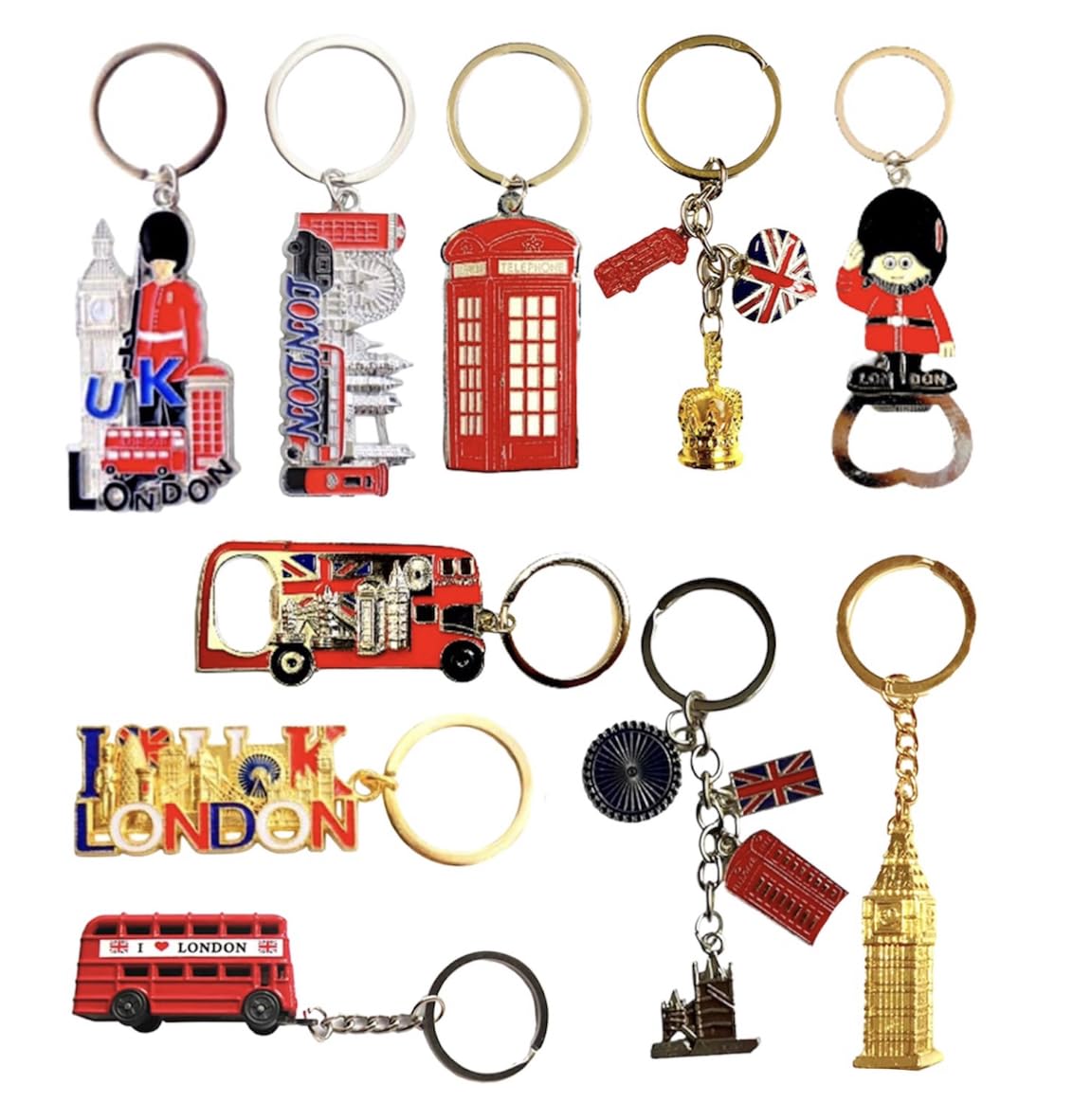 10 London Keyrings Souvenir Gift KeyChains Key Chain - England Union Jack Red Bus Big Ben Telephone Post Box Key Ring - Bottle Opener Keyring