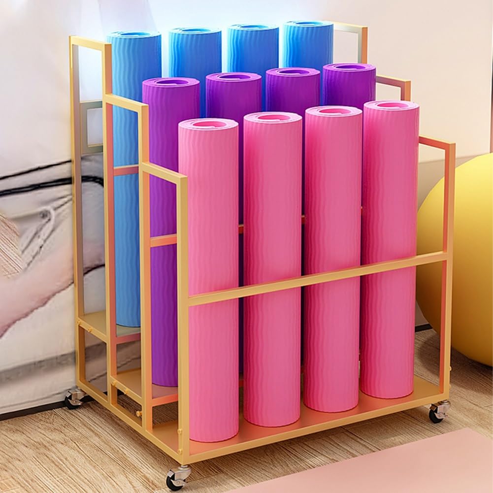Soporte para Esterilla de Yoga, Estante Grande con Ruedas para esterillas de Yoga, Organizador de 3 Niveles para Gimnasio en casa, Rodillos de Espuma y Equipo Deportivo, Carrito de Yoga móvi