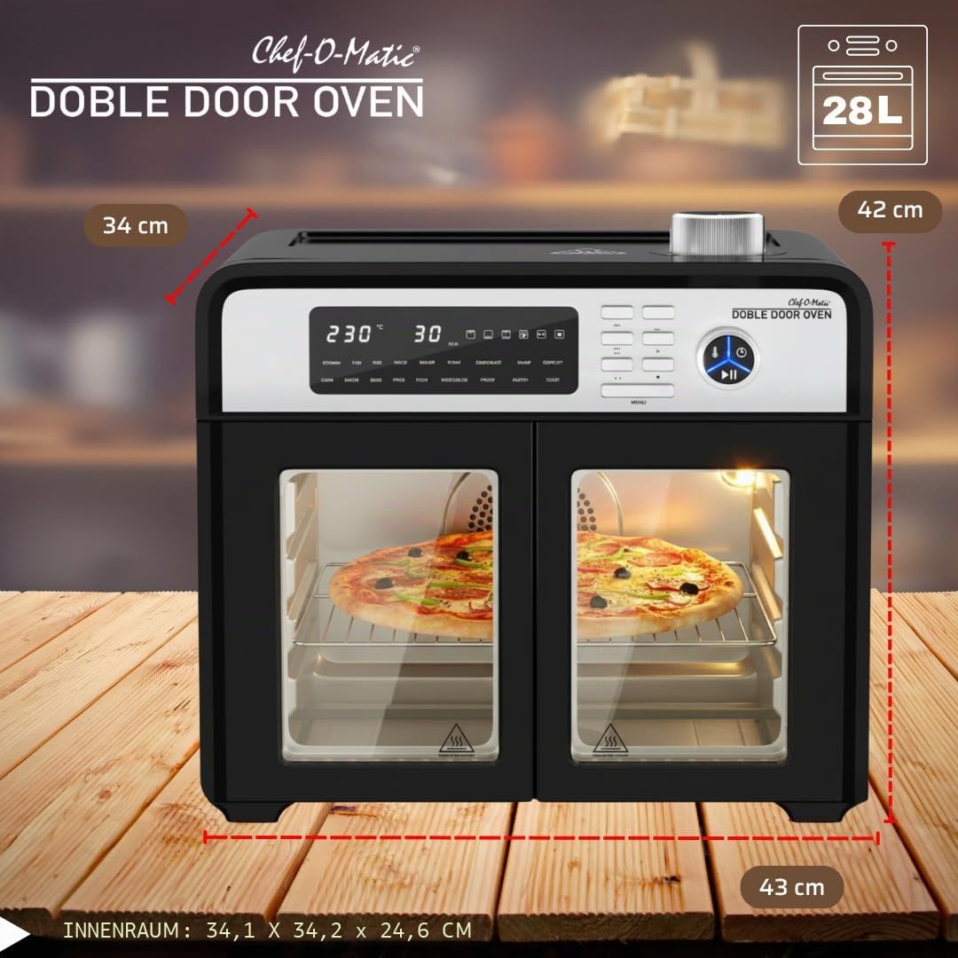 STARLYF Doble Door Oven Heißluftofen 28L | Doppeltür, 18 Programme, 1700W, Grill, Drehspieß, Dörrgerät & LCD-Display | Multifunktions-Backofen mit Heißluft & Energieeffizienz