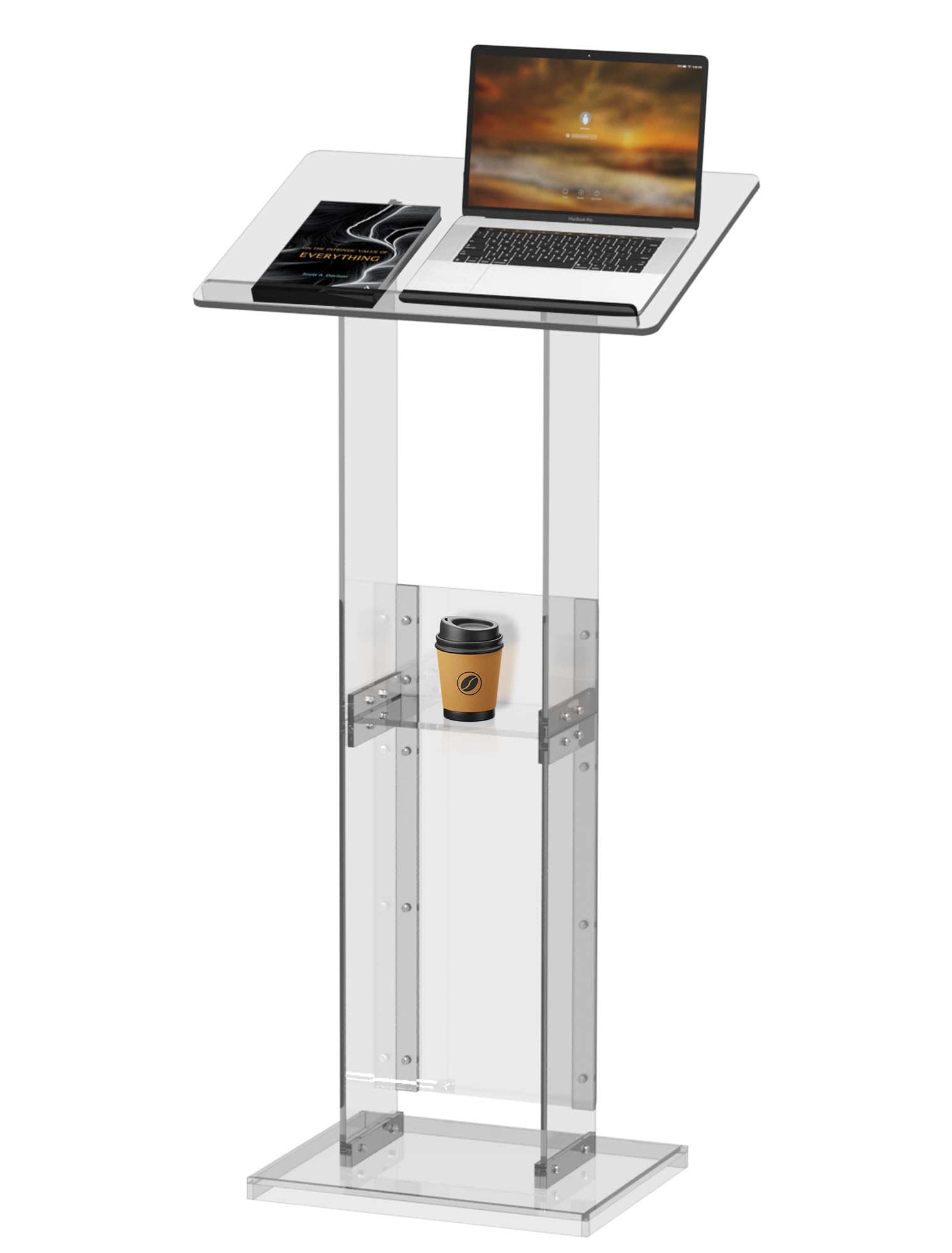 Acrylic Podium Stand with Storage Shelf, 45.5" Modern Clear Lectern with Reading Platform for Classroom, Weddings, Conference, Concert, Professional