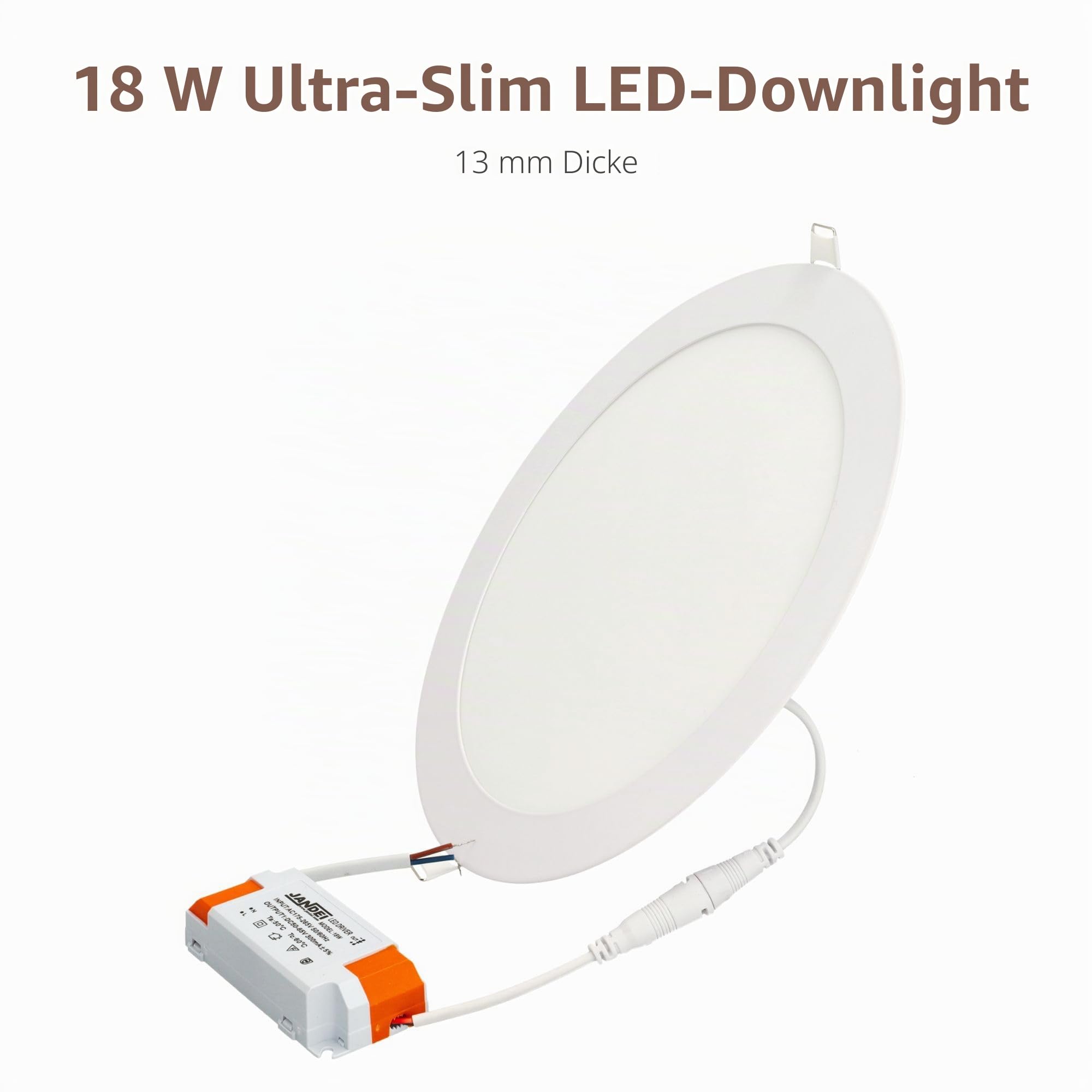 JANDEI - 5er-Pack runde LED-Einbaustrahler, 18 W, 1500 Lumen, extraflach 13 mm, Montageloch Ø 200–205 mm, Kaltweiß 6000k, inklusive Transformatoren