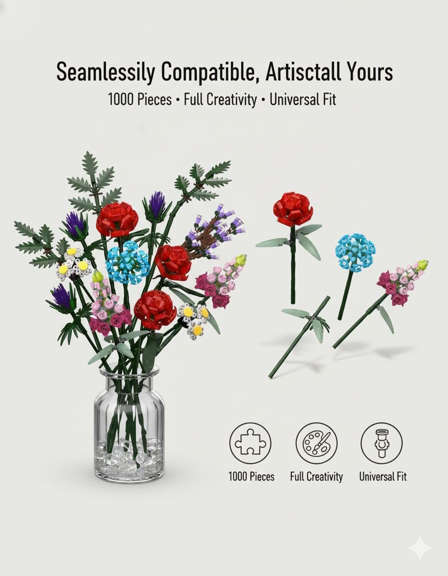 1000 Pcs Flower Bouquet Building Kit,Artificial Flower Bouquet Kit for Adults, Botanical Collection Home Decor, for Women and Girls,Anniversaries and Christmas Ideal Gift - Image 2