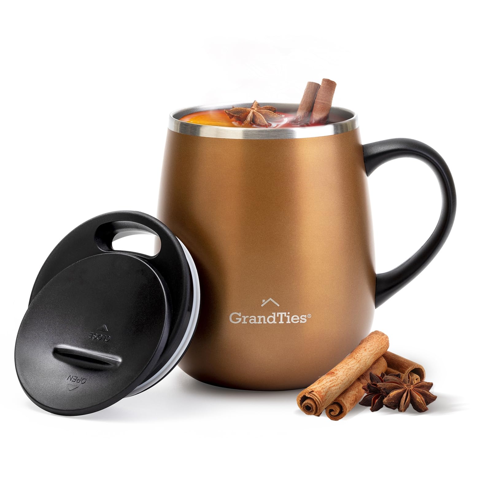 GRANDTIES Insulated Coffee Mug with Handle - Sliding Lid for Splashproof 460ml Shape Thermal Mug with Double Wall Vacuum Stainless Steel Keeps Drinks Hot & Cold - Cognac Metallic โ image 1