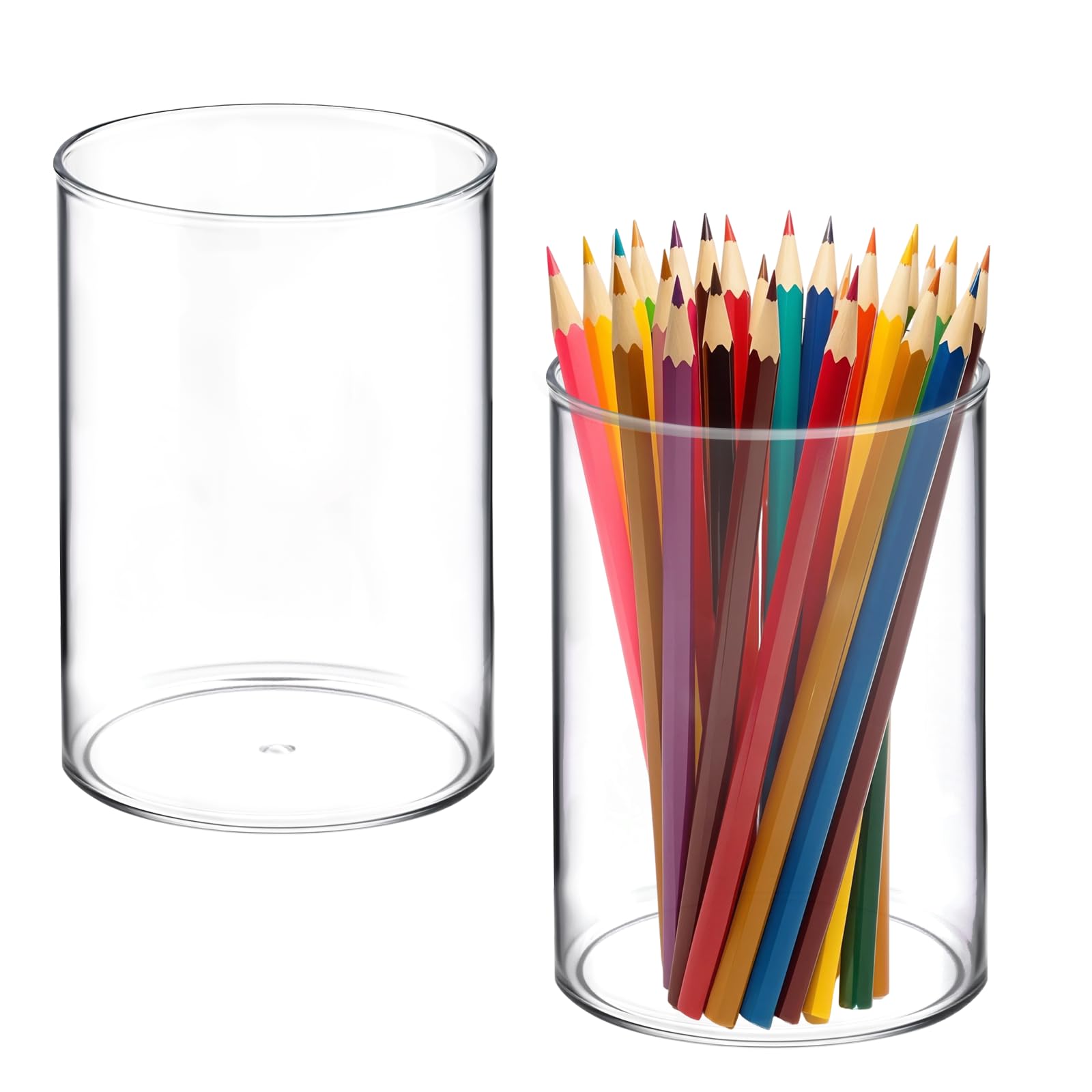 Stylish Clear Acrylic Desk Organizer 2pcs Round Pen Acrylic Pencil Holder Makeup Brush Storage for Desk Desktop Stationery Storage Desks Tidy Cylinder Container for Utensil School Home Office Cosmetic