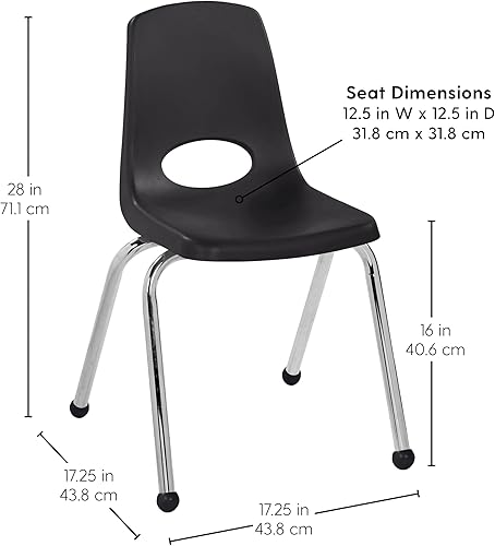 Vista 2 de FDP 16" School Stack Chair,Stacking Student Seat with Chromed Steel Legs and Ball Glides; for in-Home Learning or Classroom - Black (4-Pack), Negro