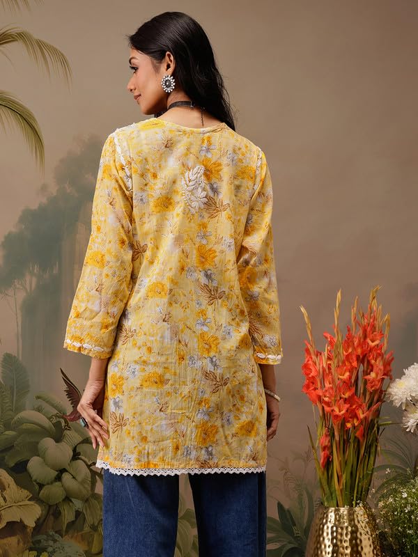 Image of Ada Hand Embroidered Lucknowi Chikankari Cotton Top for Women A911454 | Lucknowi Short Kurta Kurti Tunic Casual Wear Ethnic Wear Chikan Work Straight handcrafted top Kurti for Office