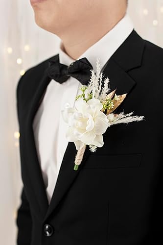 Juego de 6 flores de rosas artificiales blancas para boda, boda, novio, padrinos de boda, flores de rosas artificiales blancas para ceremonia de