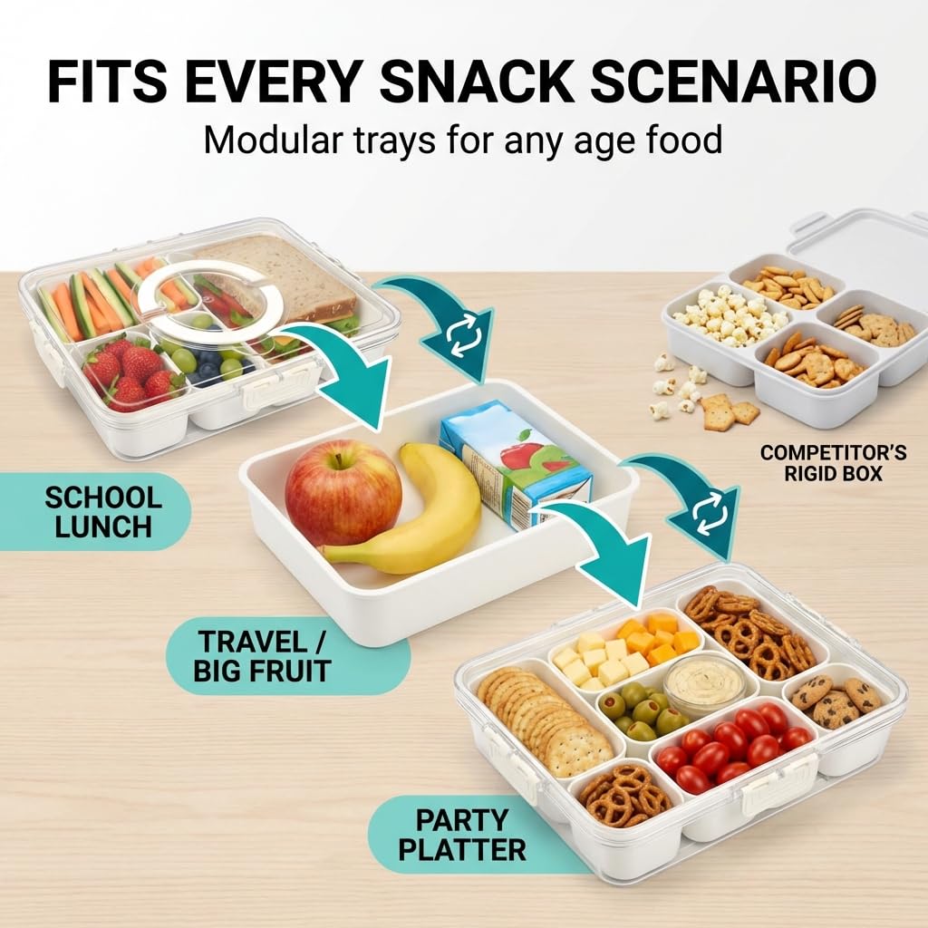 Bandeja dividida para servir con tapa y asa, recipiente de plástico sin BPA apto para lavavajillas, con 11 compartimentos extraíbles, organizadores de almacenamiento portátiles multiusos