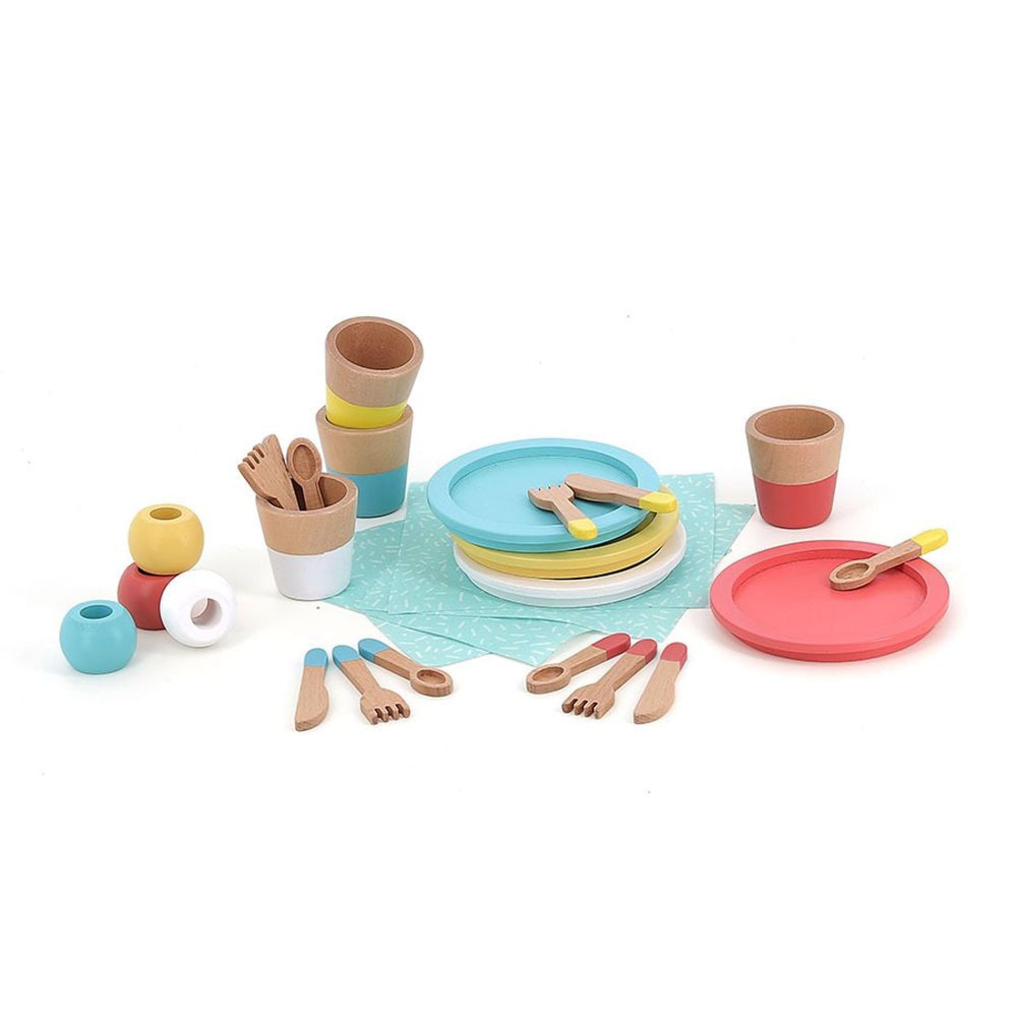 Vilac Dinette Pasto in Legno-Set di 28 Pezzi per Bambini-Stimola l'immaginazione e l'imitazione con Piatti, Occhiali, Posate e Asciugamani-Promuove le capacità motorie sottili, 8178