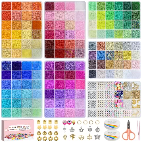 Dazhqp 45000 3mm 144 Farben Armbänder,Armbänder Selber Machen Mit Glasperlen, Perlen Set Zum Auffädeln,Perlenset für Weihnachten Partys Kinder Feiertage DIY Bracelet Making Kit Halsketten Handwerk
