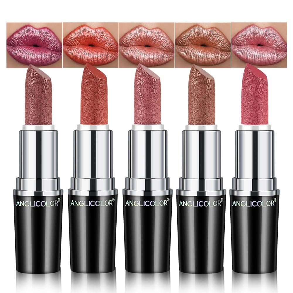 Anglicolor 5PCS,Glitzer Lippenstift Metallic Glänzend Glossy, Shimmer Lipstick Seidig Velvet Langanhaltend Feuchtigkeitsspendende, Vegan Lipgloss Damen Mädchen Make-up (#C, 20g)