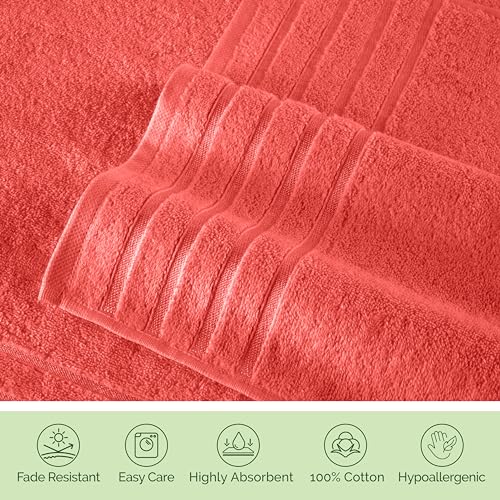 Image of Elegant Comfort 100% Turkish Cotton 4 Lines Viscose Stripe Luxury 4 Pack Hand Towel Set - Ultra Absorbent and Soft 16 x 28 Inch Premium Hotel Spa Quality Towels for Everyday Bath Use, Coral