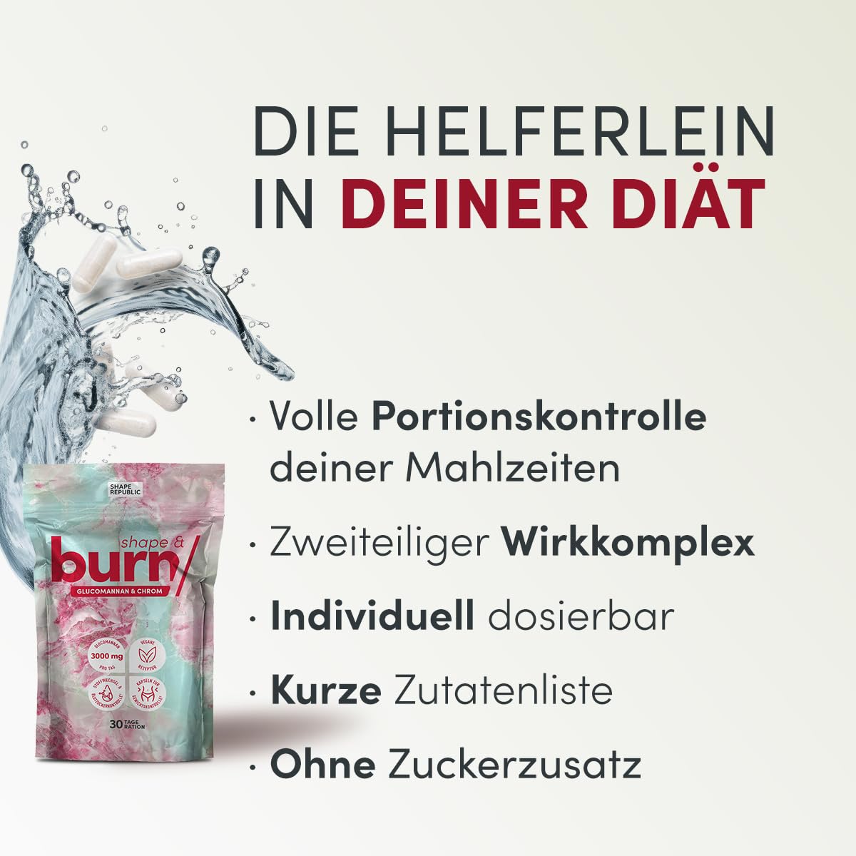 SHAPE REPUBLIC - Appetitzügler 180 Kapseln - Stoffwechsel Komplex mit Glucomannan aus der Konjakwurzel & Chrom - 3000 mg pro Tagesdosis