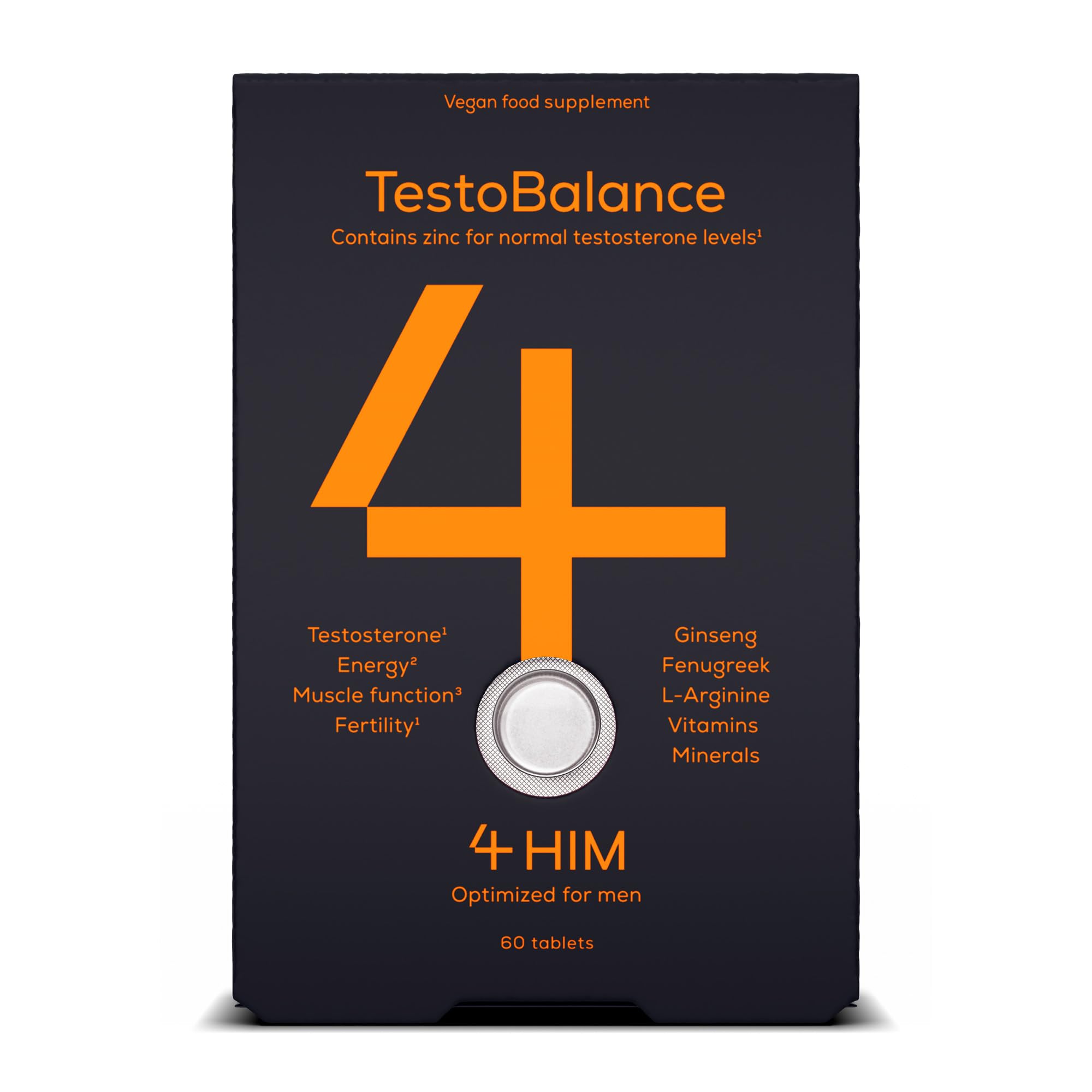 HIM TestoBalance - Testosterone Supplements for Men - with Zinc + Magnesium + B6 Complex, L-Arginine, Ginseng & Fenugreek - Energy & Muscle Function - 60 Vegan Tablets