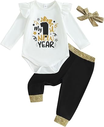 New Years Baby Boy Girl Outfit Long Sleeve Letter Romper Pants with Headband New Years Eve Clothes Sets 3Pcs