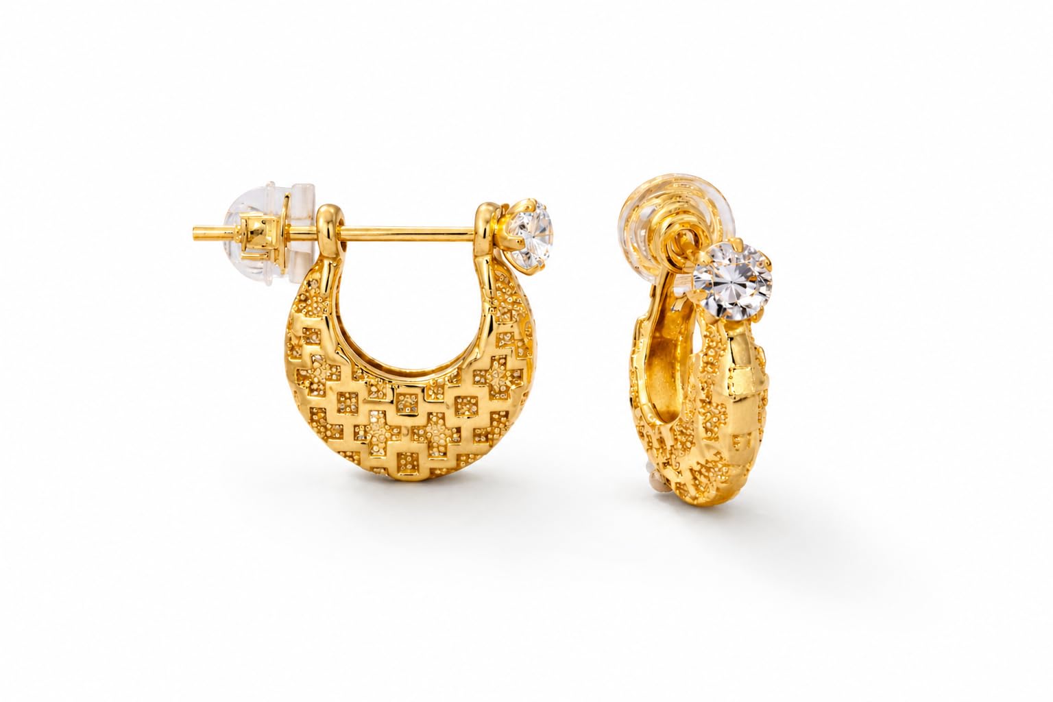 AVYLUXE Gold Plated Brass Hoop Stud Earrings for Men, American Diamond Bezel Set, U-Shaped Minimal Style, 2.4 x 1.4 cm, 3 gm-image-16