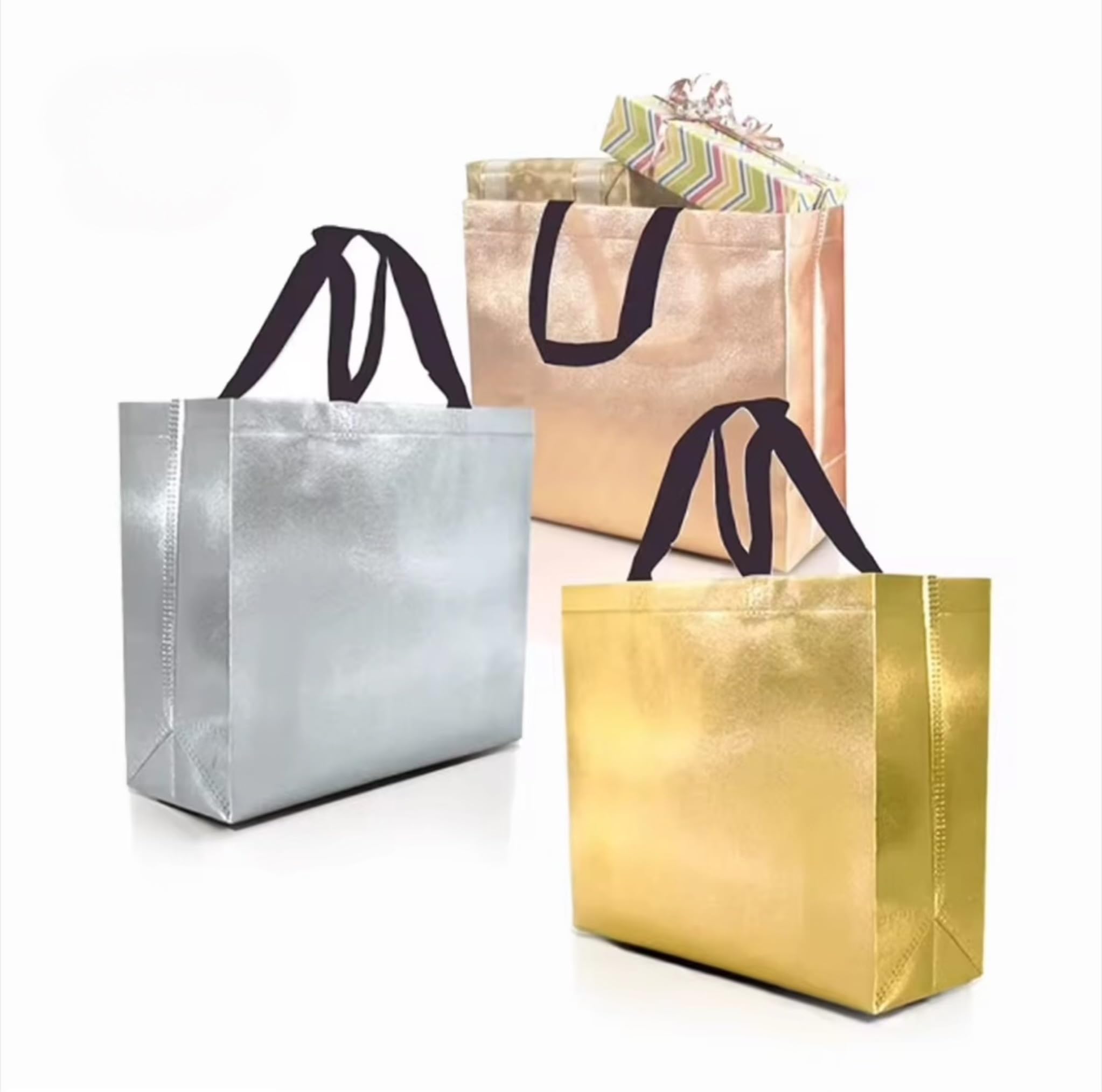 Journey joy Large Size Pack of 15 Pcs Glossy Metallic Laminated Non-Woven Reusable Eco-Friendly Party Return Gift Bags (Golden/ROSE GOLD/silver) (MEDIUM 15x12x5 Inch)-image-39