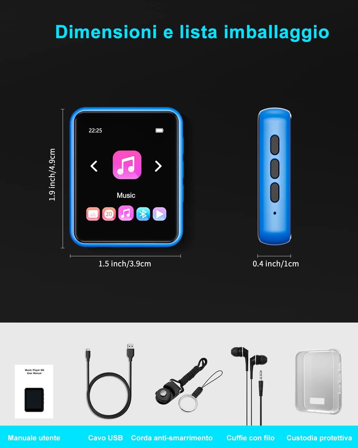 32GB Lettore MP3 con Bluetooth 5.0, Portatile Hi-Fi Sound Lettore di musica con Altoparlante, Line-in Registratore Vocale, Radio FM, e-book, Full Touch Schermo, Supporto fino a 128 GB di schede